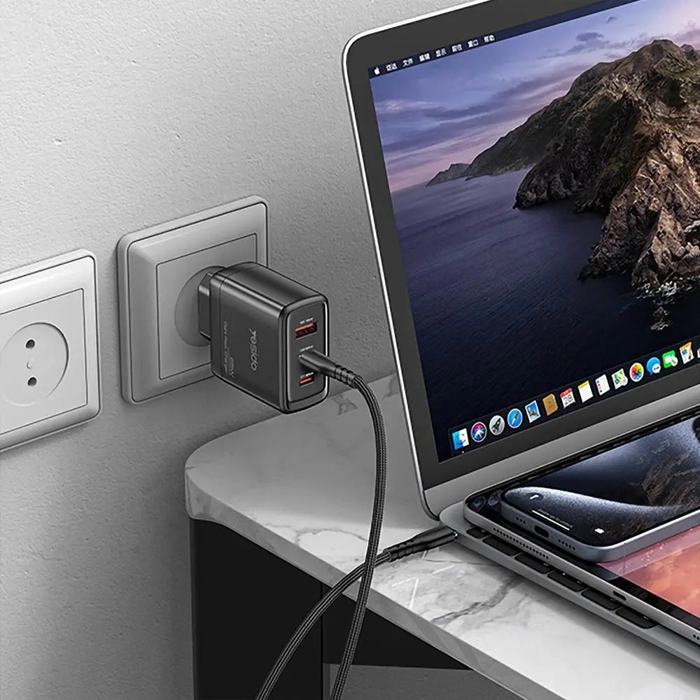 Chargeur Secteur avec Câble USB-C Yesido YC144C, 65W, 3.25A, 1 x USB-A - 2 x USB-C, Noir