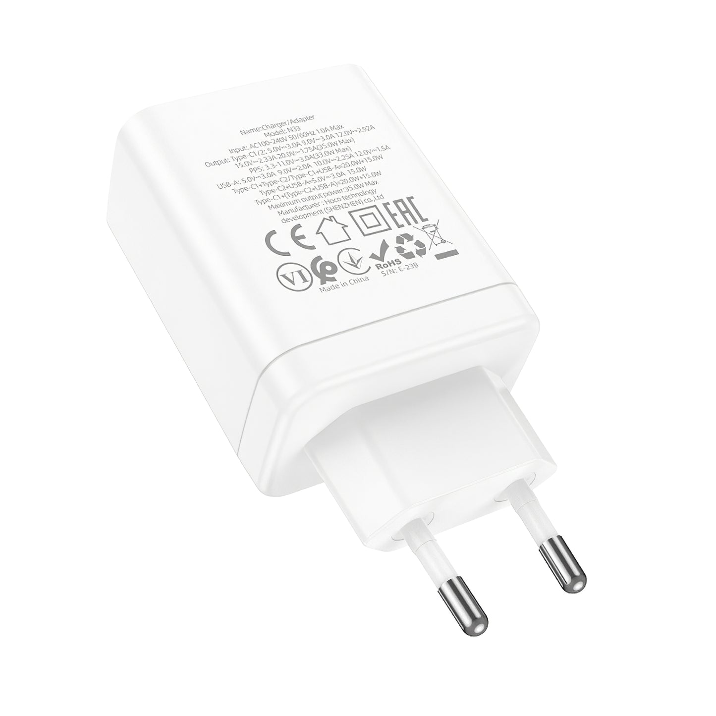 Netwerkoplader HOCO N33, 35W, 3A, 1 x USB-A - 2 x USB-C, Wit