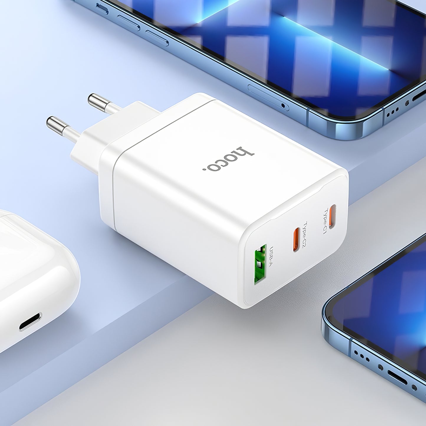 Netwerkoplader HOCO N33, 35W, 3A, 1 x USB-A - 2 x USB-C, Wit