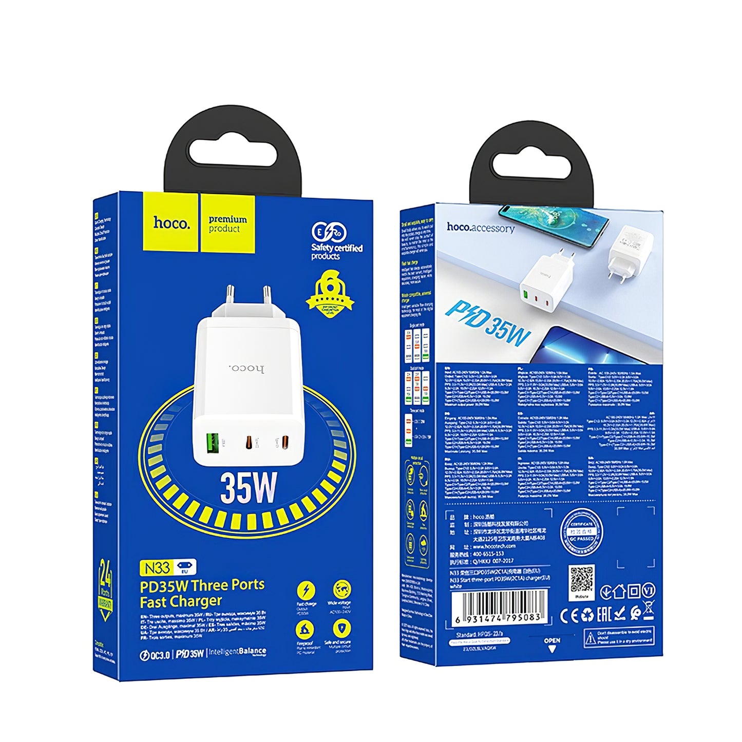 Netwerkoplader HOCO N33, 35W, 3A, 1 x USB-A - 2 x USB-C, Wit