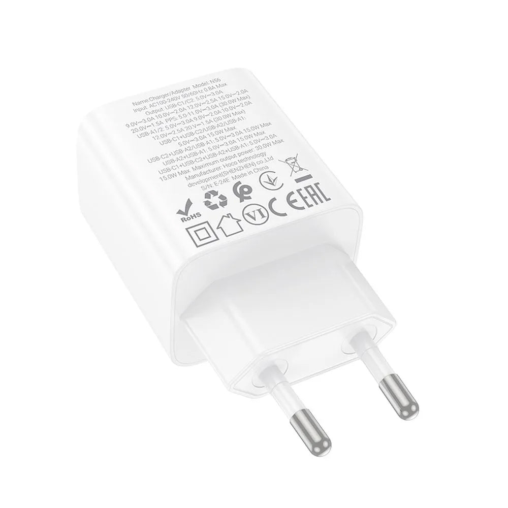Netwerkoplader HOCO N56, 30W, 3A, 2 x USB-A - 2 x USB-C, Wit