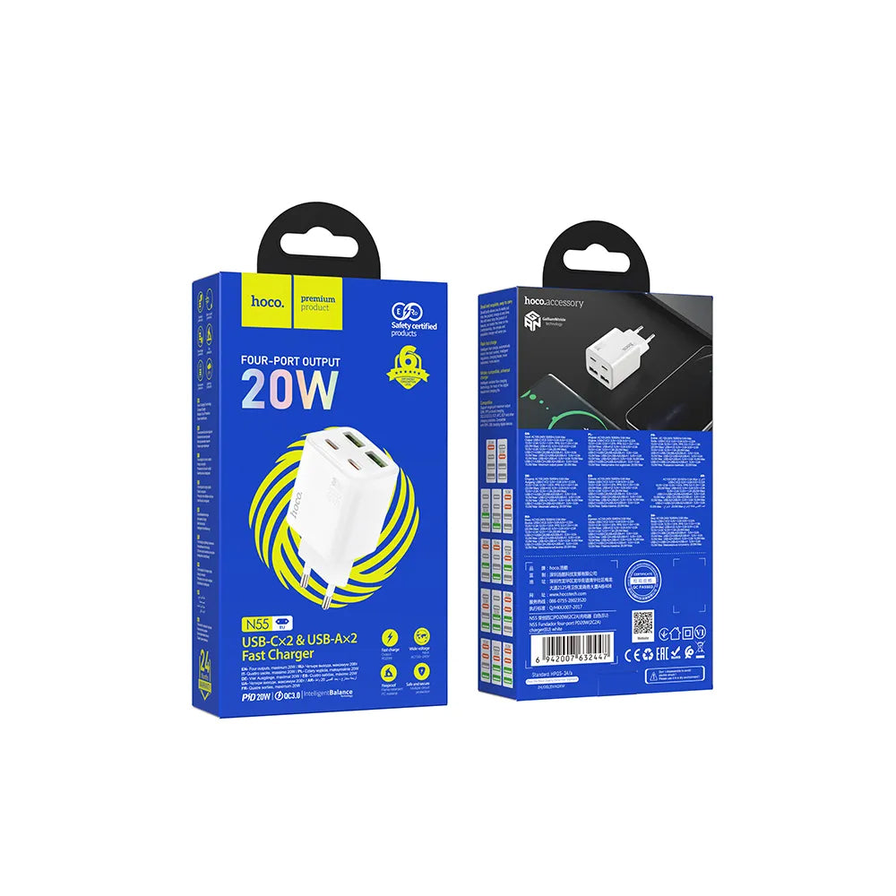 Netwerkoplader HOCO N56, 30W, 3A, 2 x USB-A - 2 x USB-C, Wit