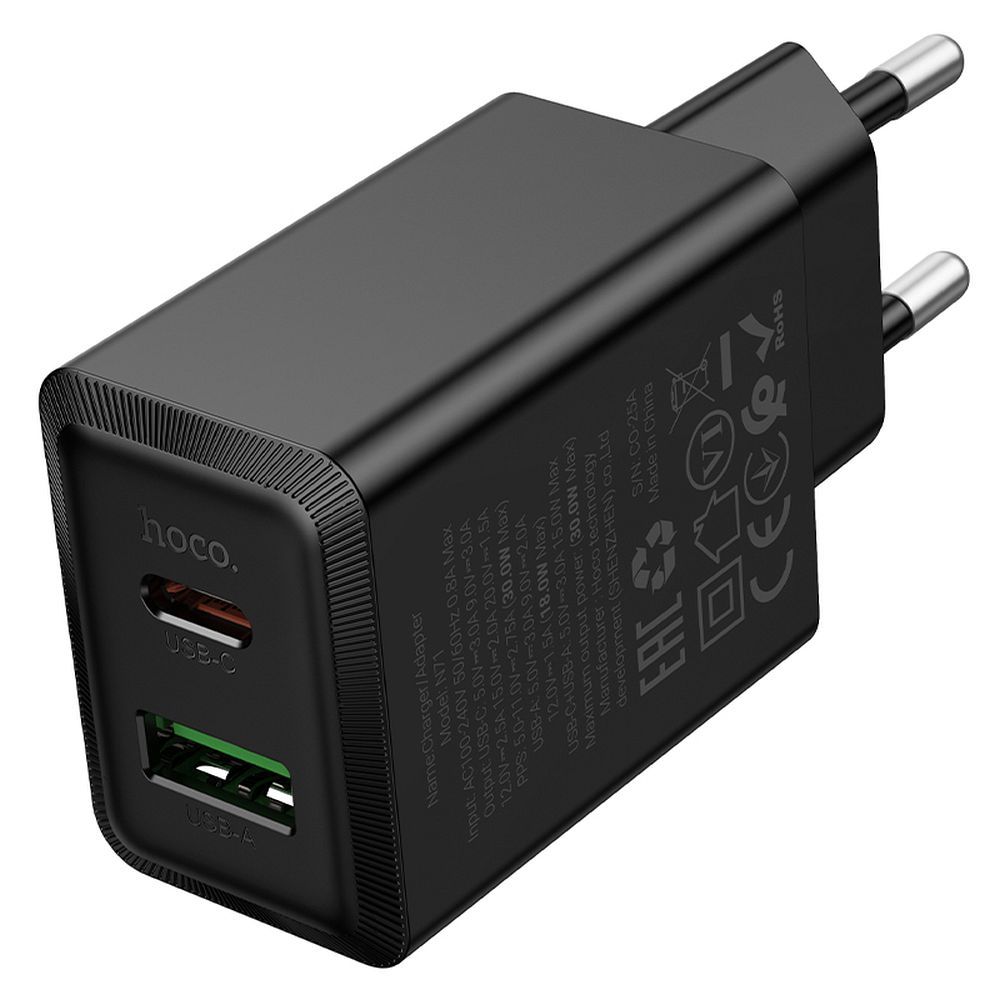 Netzladegerät HOCO N71, 30W, 3A, 1 x USB-A - 1 x USB-C, Schwarz