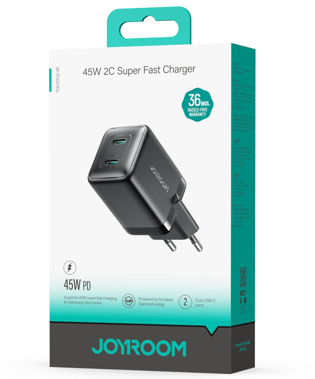 Joyroom JR-TCG17 Netwerkoplader, 45W, 3A, 2 x USB-C, Zwart