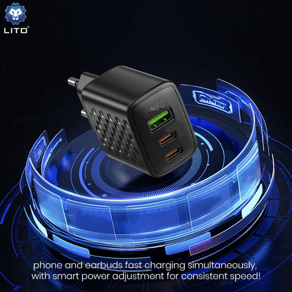 Netzladegerät Lito LC25, 65W, 3.25A, 1 x USB-A - 2 x USB-C, Schwarz