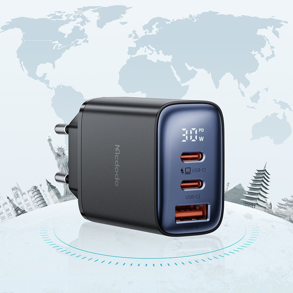 Chargeur Réseau McDodo CH-2180 Display, 30W, 3A, 1 x USB-A - 2 x USB-C, Noir
