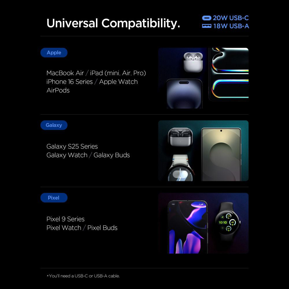 Chargeur Réseau Spigen Essential, 20W, 3A, 1 x USB-A - 1 x USB-C, Blanc ACH08704