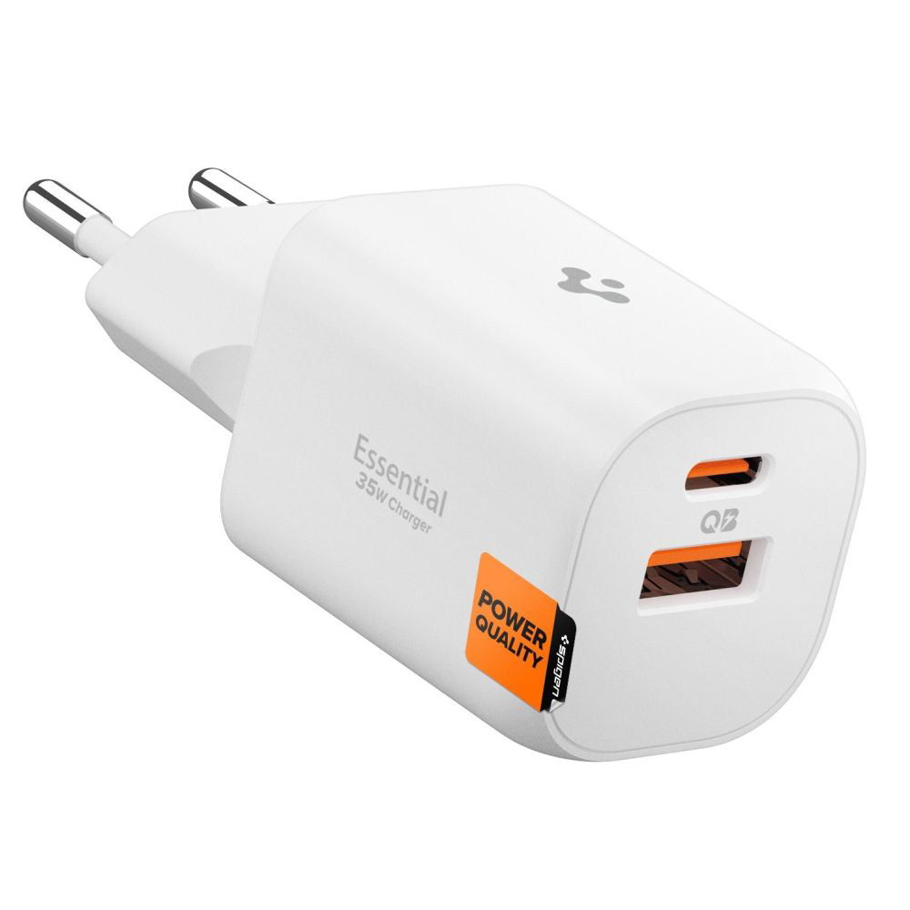 Chargeur Réseau Spigen Essential, 35W, 3A, 1 x USB-A - 1 x USB-C, Blanc