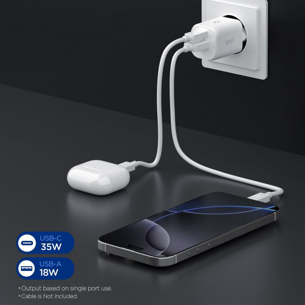 Chargeur Réseau Spigen Essential, 35W, 3A, 1 x USB-A - 1 x USB-C, Blanc