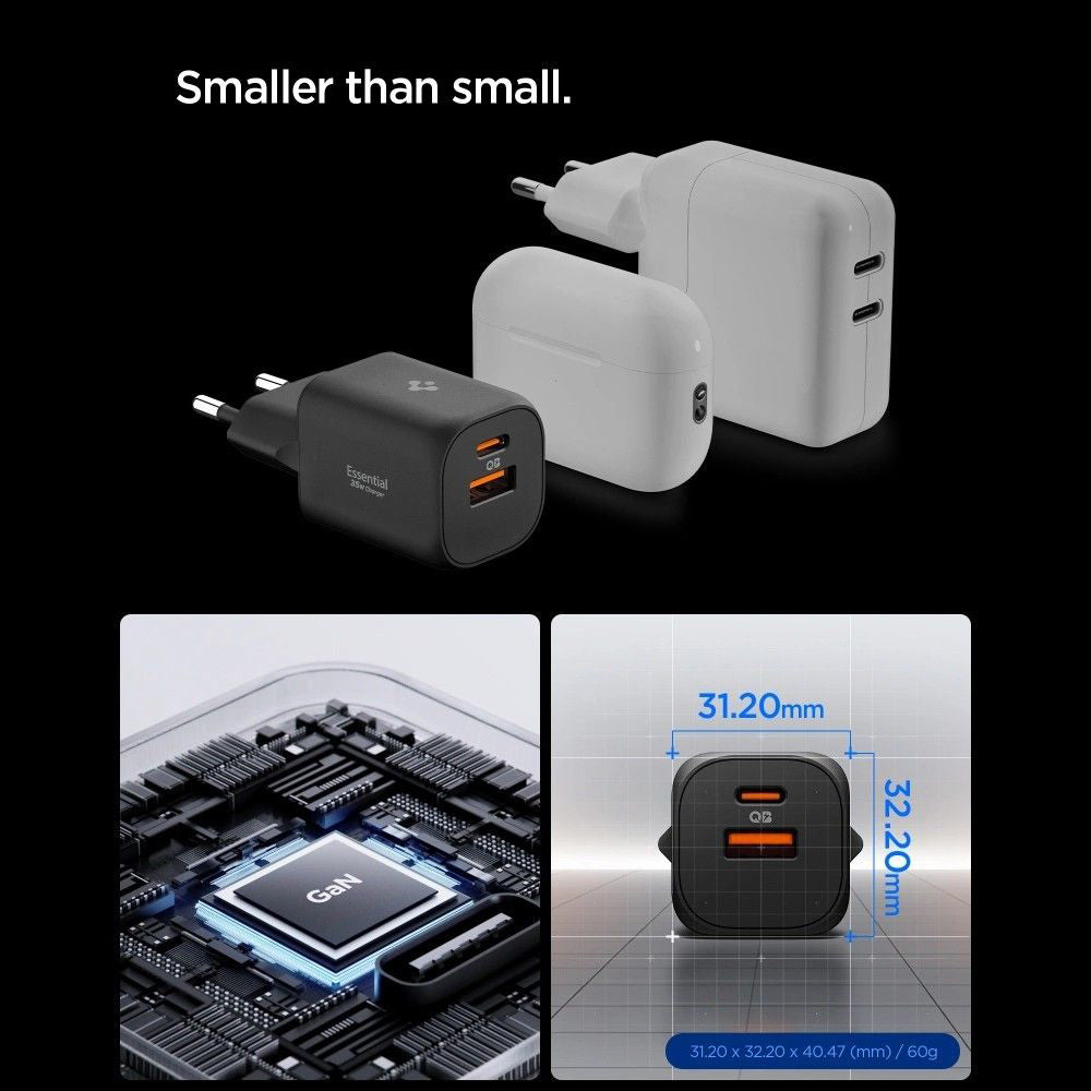 Chargeur Réseau Spigen Essential, 35W, 3A, 1 x USB-A - 1 x USB-C, Blanc