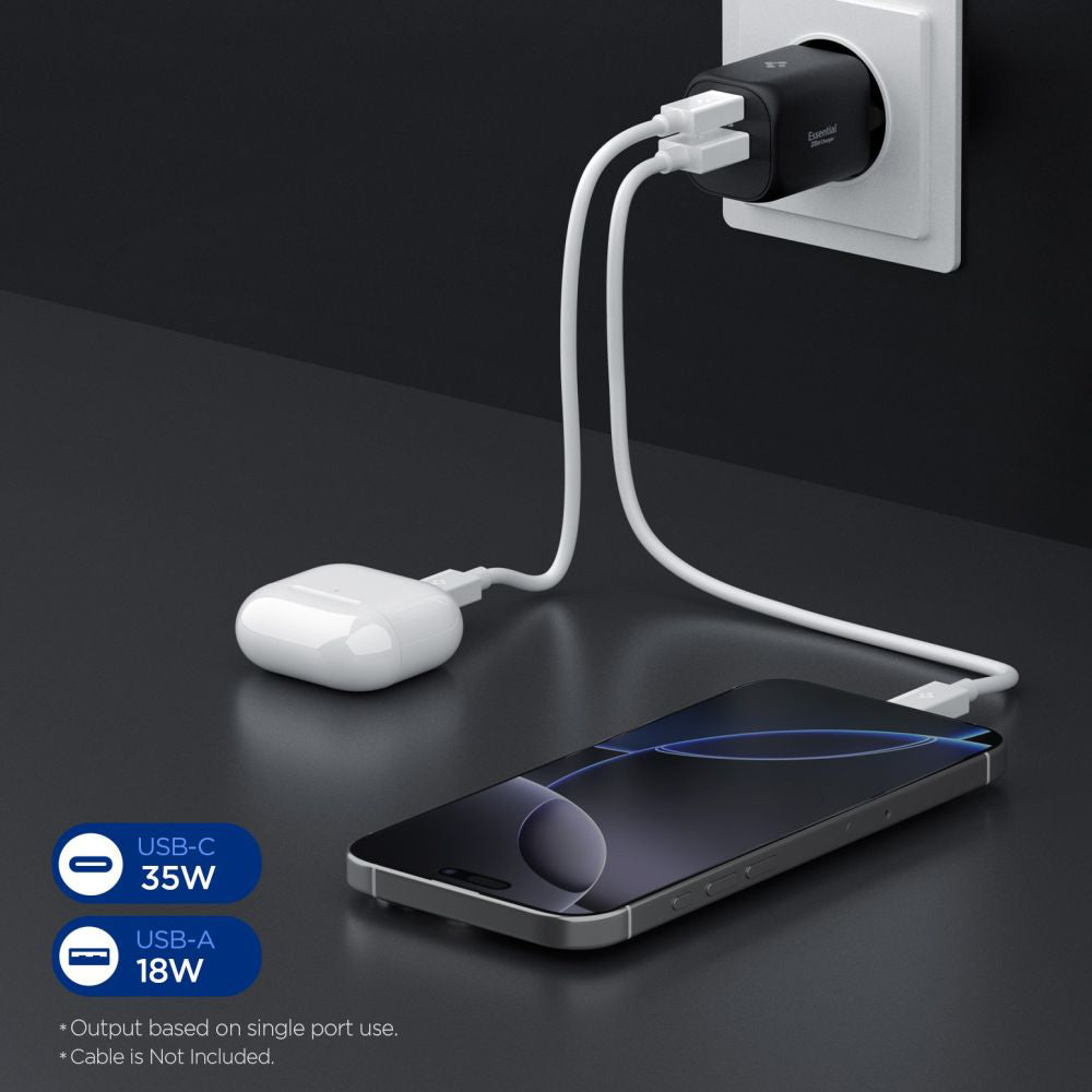 Chargeur Réseau Spigen Essential, 35W, 3A, 1 x USB-A - 1 x USB-C, Noir ACH09463
