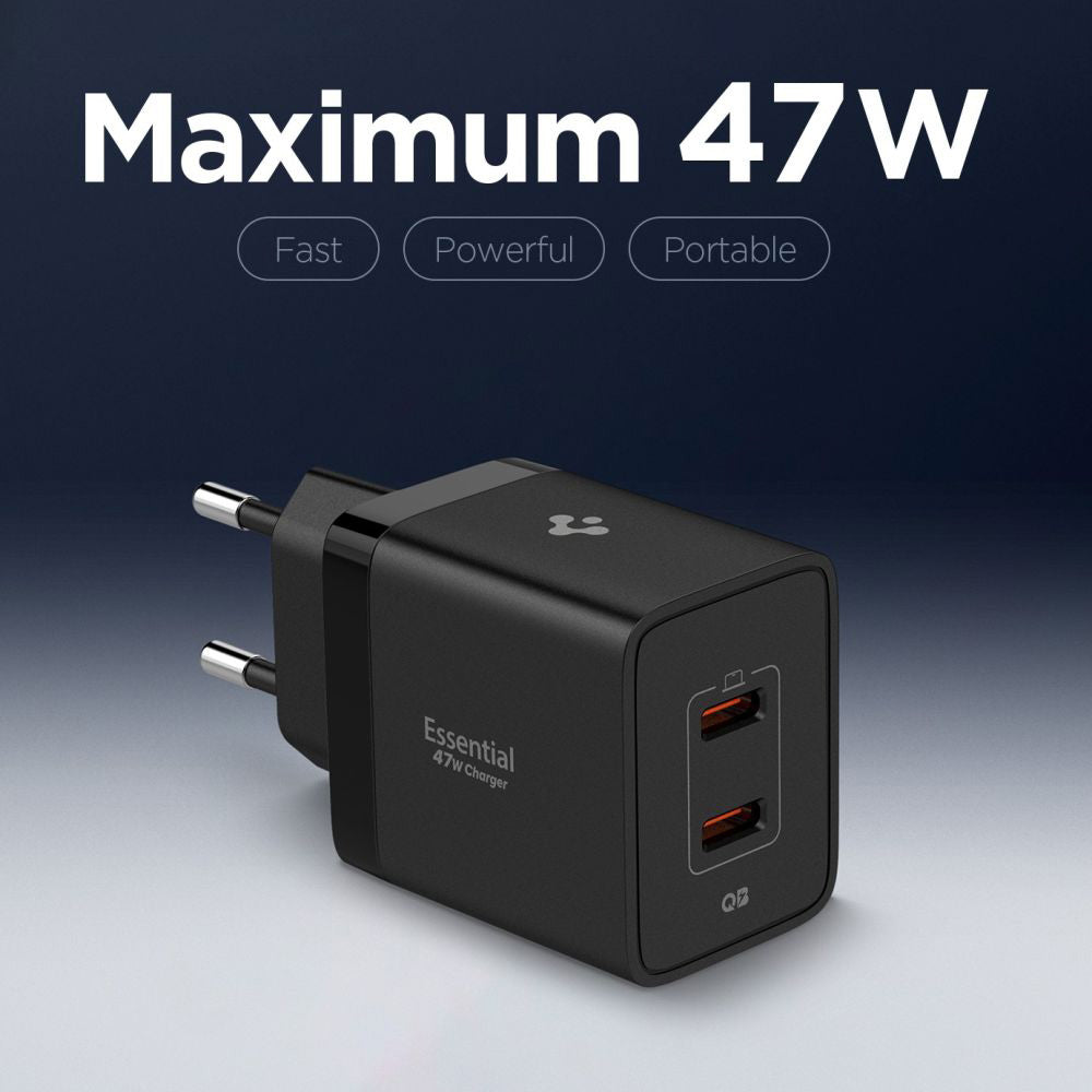 Chargeur Réseau Spigen Essential, 47W, 3A, 2 x USB-C, Noir ACH09457