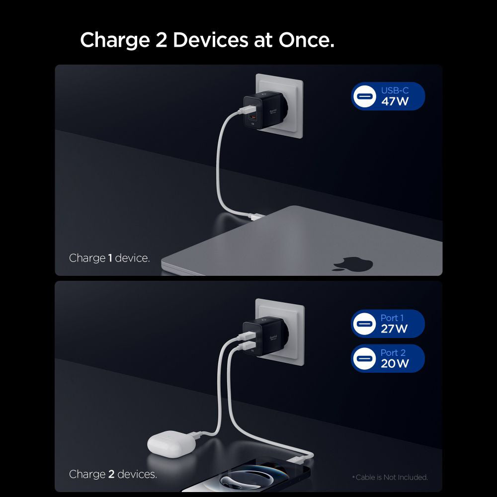 Chargeur Réseau Spigen Essential, 47W, 3A, 2 x USB-C, Noir ACH09457