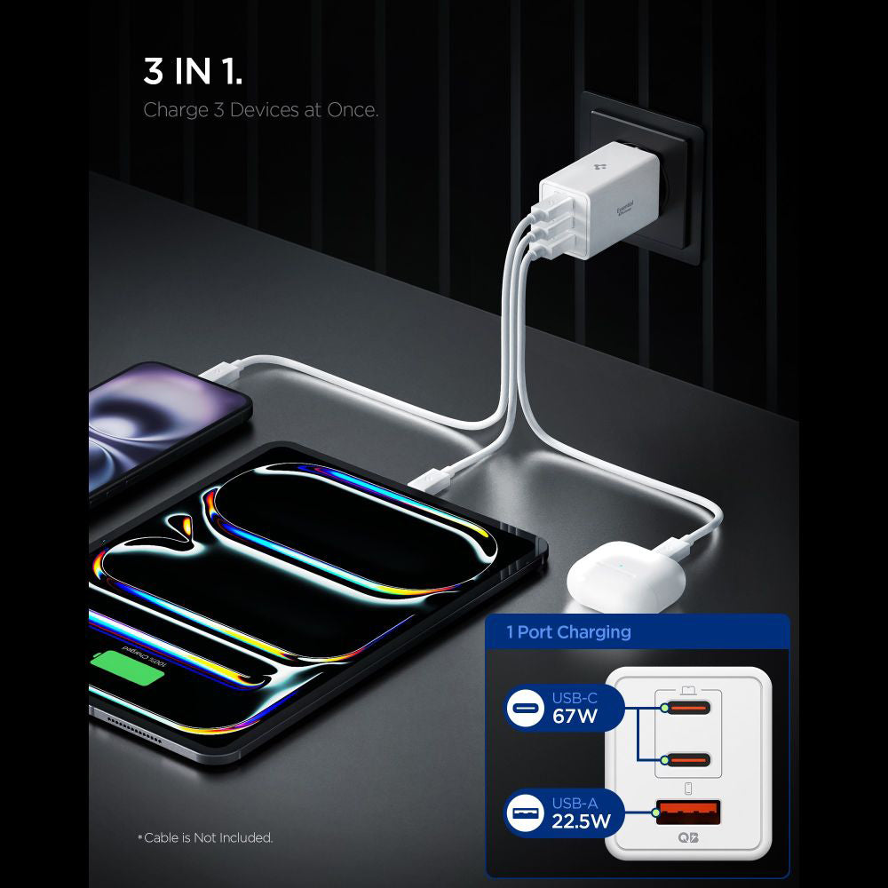 Chargeur Réseau Spigen Essential, 67W, 3.25A, 1 x USB-A - 2 x USB-C, Blanc ACH08710