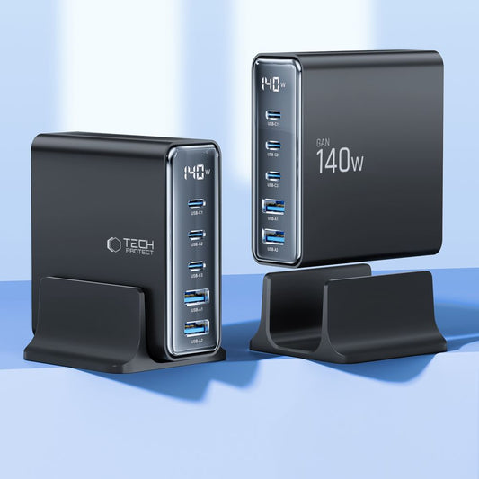 Tech-Protect DC140W Chargeur réseau DC140W, 140W, 3A, 2 x USB-A - 3 x USB-C, Noir