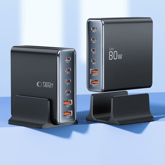 Chargeur réseau Tech-Protect DC80W, 80W, 3A, 2 x USB-A - 4 x USB-C, noir