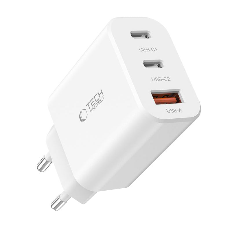 Netzwerk-Ladegerät Tech-Protect NC30W, 30W, 3A, 1 x USB-A - 2 x USB-C, Weiß