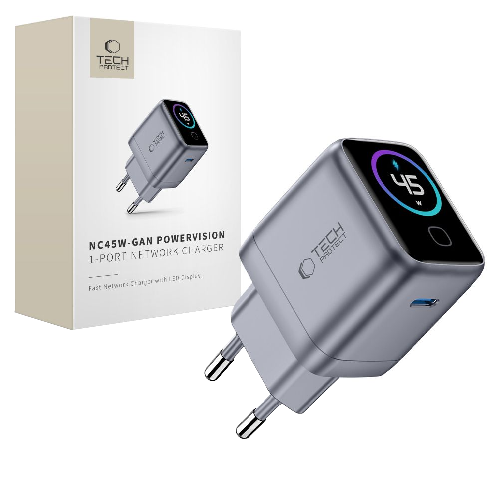 Tech-Protect NC45W Display Netzladegerät, 45W, 3A, 1 x USB-C, Grau