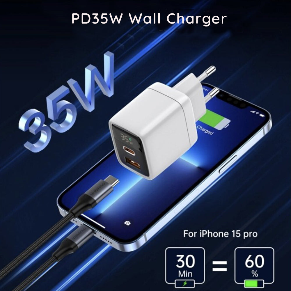 Netzladegerät Techsuit CH3 LEDChargX Display, 35W, 3A, 1 x USB-A - 1 x USB-C, Weiß