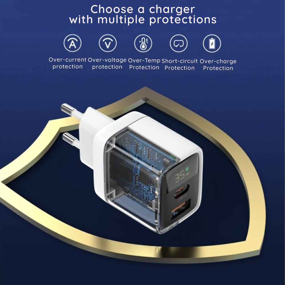 Netzladegerät Techsuit CH3 LEDChargX Display, 35W, 3A, 1 x USB-A - 1 x USB-C, Weiß