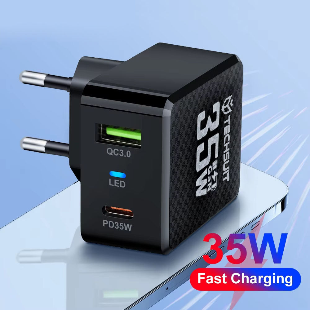 Chargeur Réseau Techsuit CHPD173 Tiny, 35W, 3A, 1 x USB-A - 1 x USB-C, Blanc