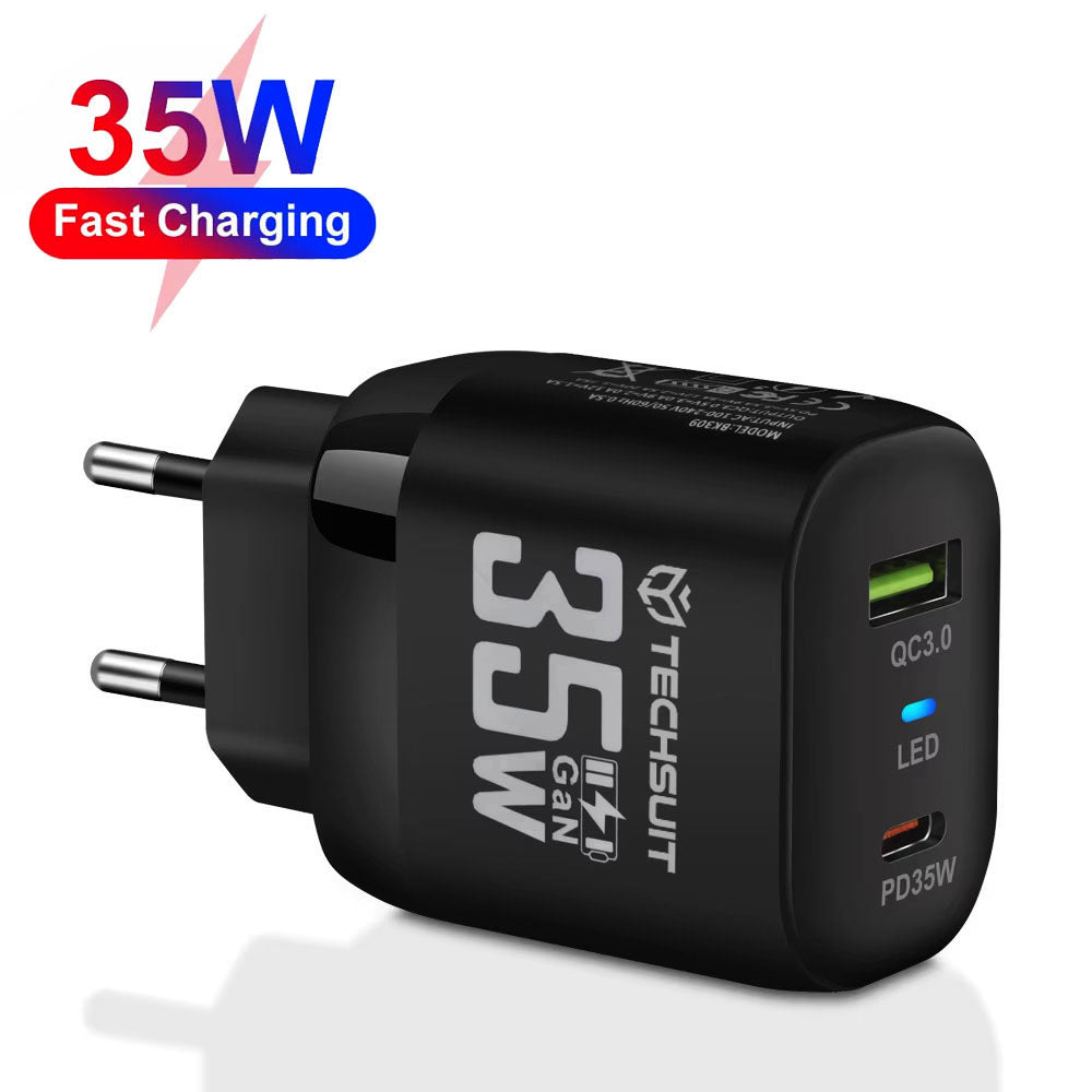 Netwerkoplader Techsuit CHPD174, 35W, 3A, 1 x USB-A - 1 x USB-C, Zwart