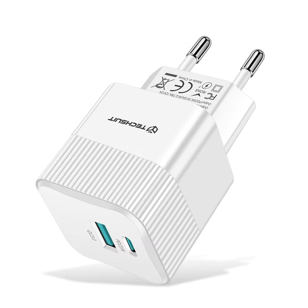 Chargeur Réseau Techsuit CHPD216 Tiny, 25W, 3A, 1 x USB-A - 1 x USB-C, Blanc