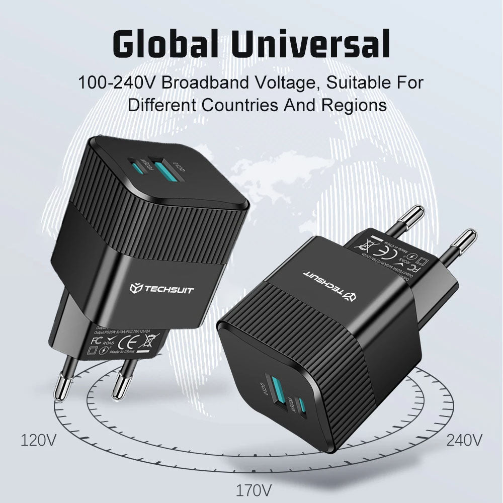 Chargeur Réseau Techsuit CHPD216 Tiny, 25W, 3A, 1 x USB-A - 1 x USB-C, Noir