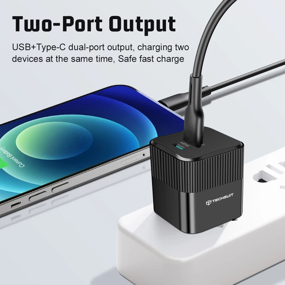 Chargeur Réseau Techsuit CHPD216 Tiny, 25W, 3A, 1 x USB-A - 1 x USB-C, Noir