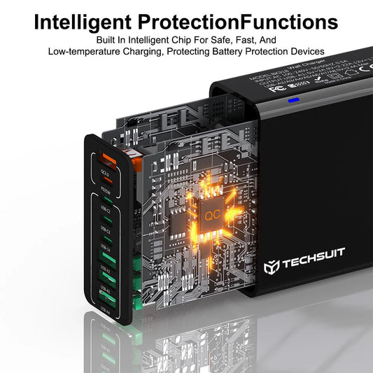 Techsuit CHPD224 Network Charger, 65W, 3.25A, 4 x USB-A - 4 x USB-C, Black