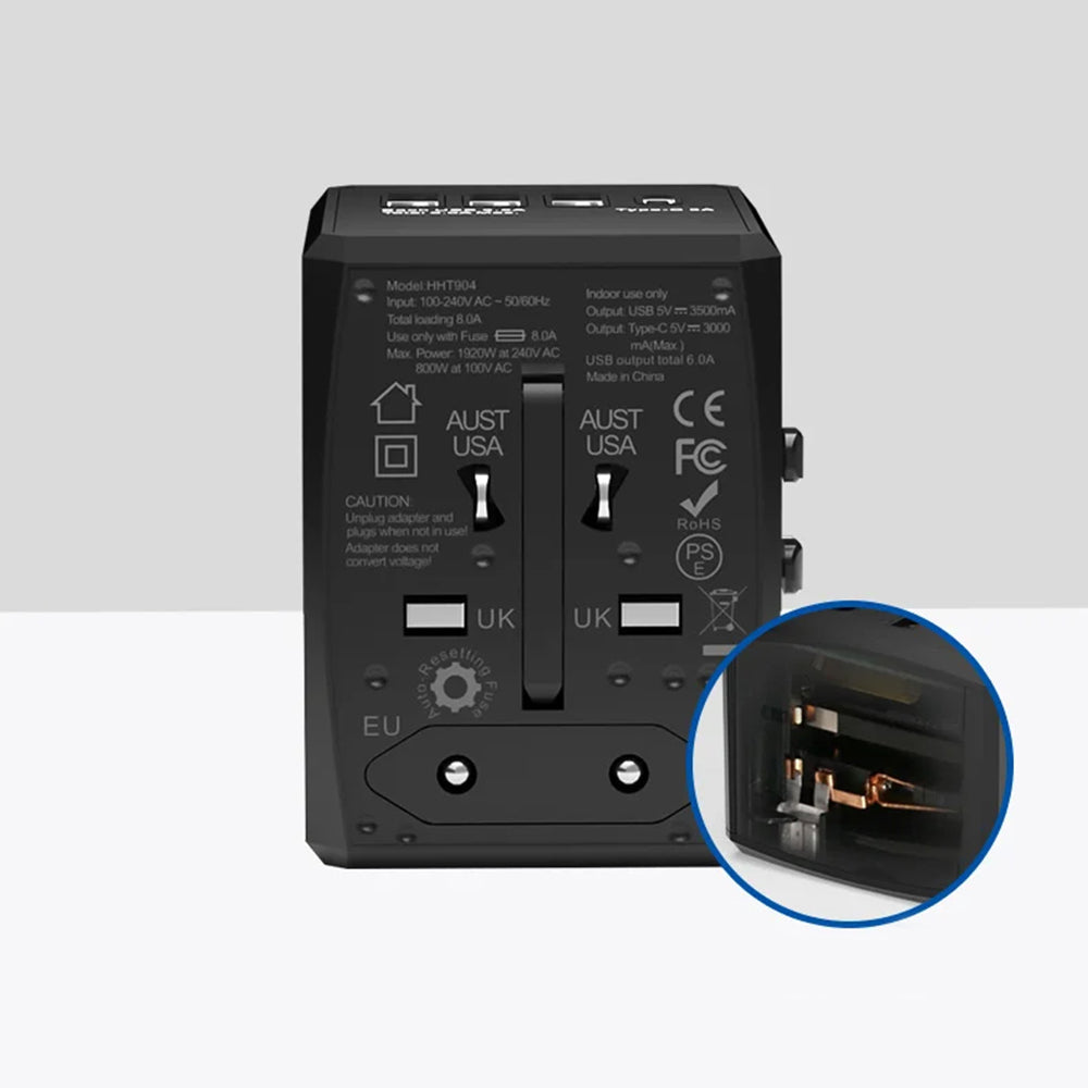 Techsuit HHT904-B1 Travel Netwerkoplader, 15W, 3A, 3 x USB-A - 1 x USB-C, Zwart