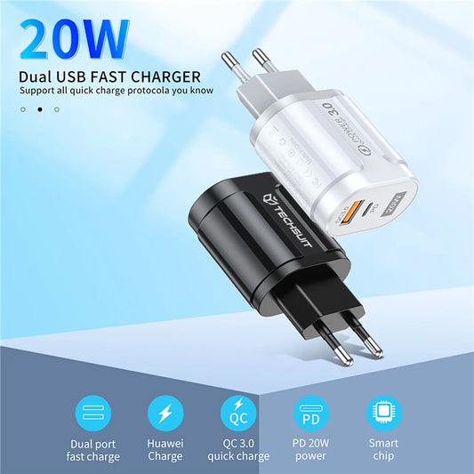 Techsuit Premium Netwerkoplader, 20W, 3A, 1 x USB-A - 1 x USB-C, Wit