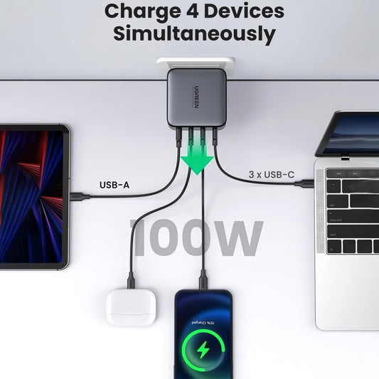 Chargeur réseau UGREEN CD226, 100W, 3A, 1 x USB-A - 3 x USB-C, Noir