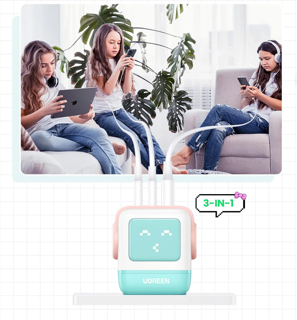 UGREEN CD361 Uno Netwerkoplader, 65W, 3.25A, 1 x USB-A - 2 x USB-C, Turquoise
