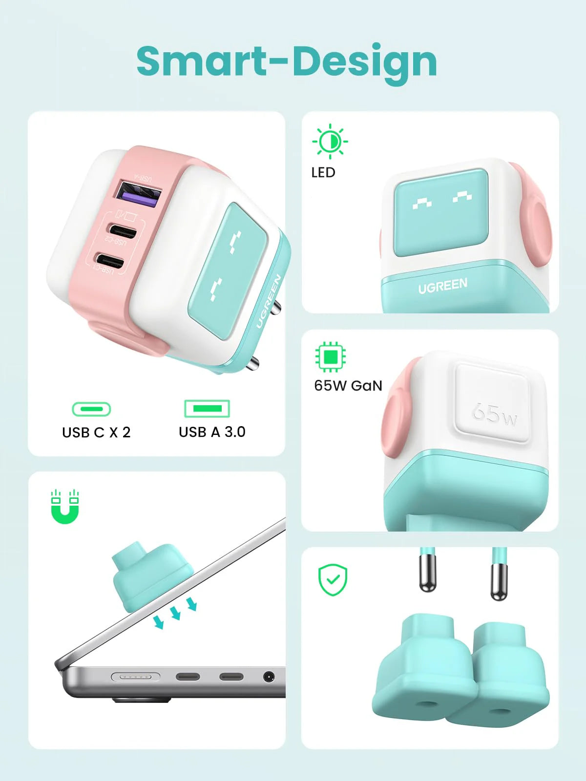 UGREEN CD361 Uno Netwerkoplader, 65W, 3.25A, 1 x USB-A - 2 x USB-C, Turquoise