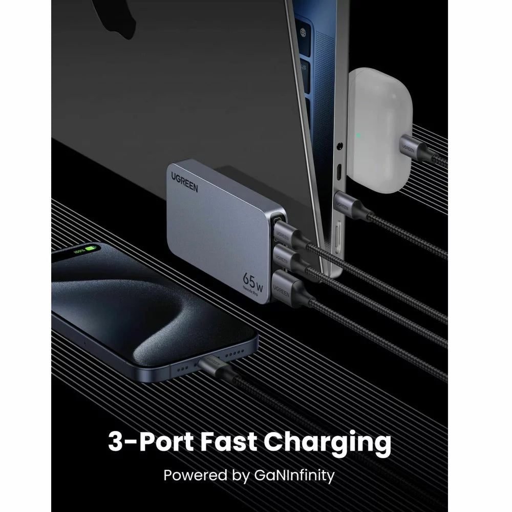 Netwerklader UGREEN X753 Nexode Pro, 65W, 3A, 1 x USB-A - 2 x USB-C, Grijs