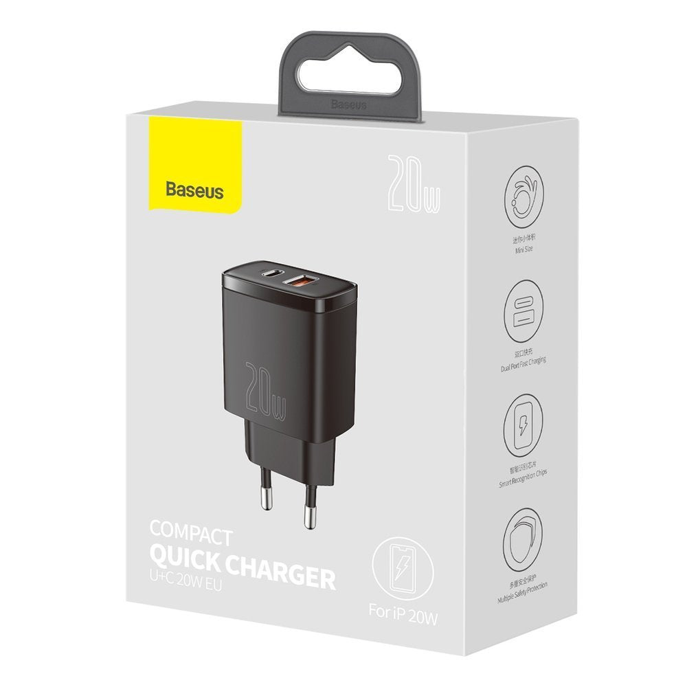 Baseus Kompaktes Netzwerk-Ladegerät, 20W, 3A, 1 x USB-A - 1 x USB-C, Schwarz CCXJ-B01
