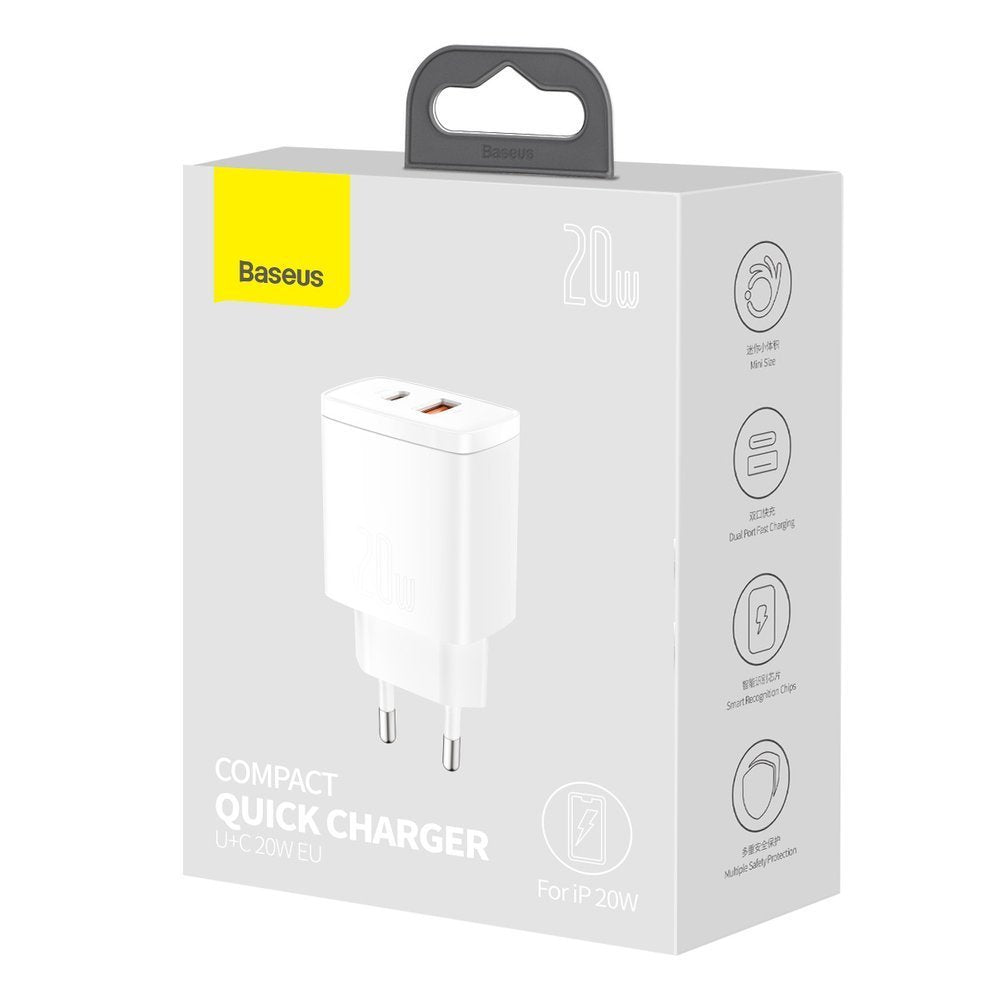 Baseus Kompaktes Netzwerk-Ladegerät, 20W, 3A, 1 x USB-A - 1 x USB-C, Weiß CCXJ-B02
