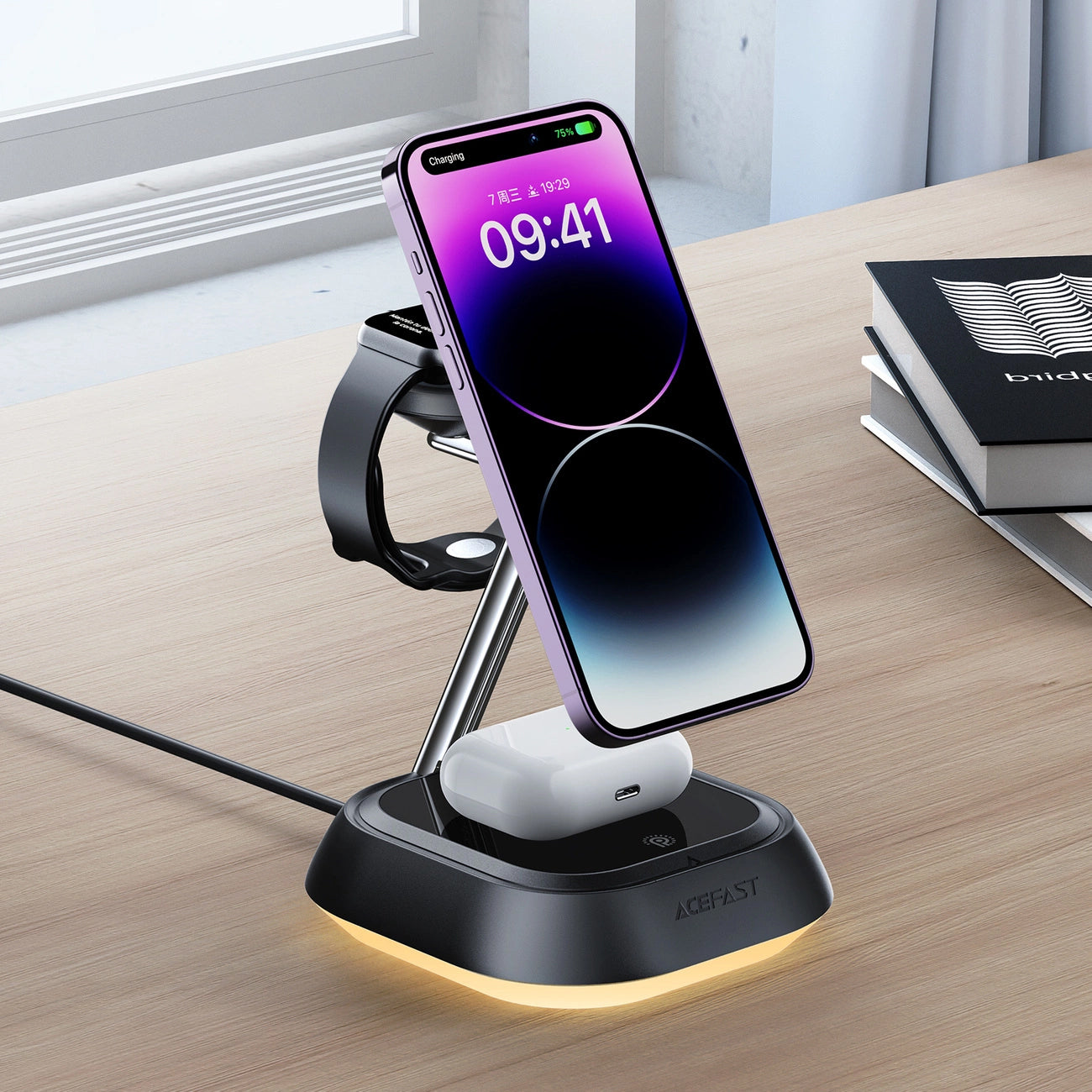Chargeur Réseau Sans Fil Acefast E16 3en1, 15W, 1.67A, Noir