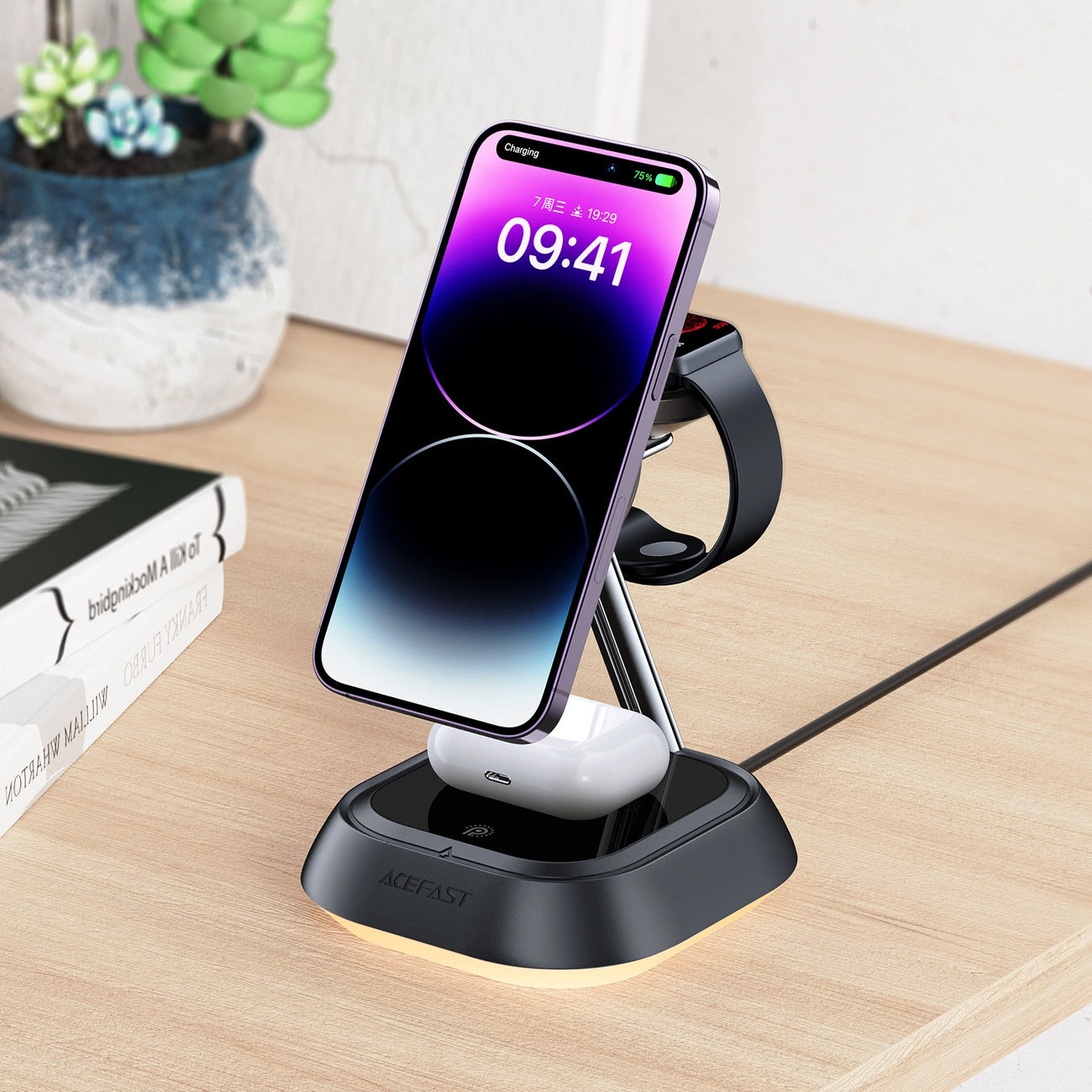 Chargeur Réseau Sans Fil Acefast E16 3en1, 15W, 1.67A, Noir