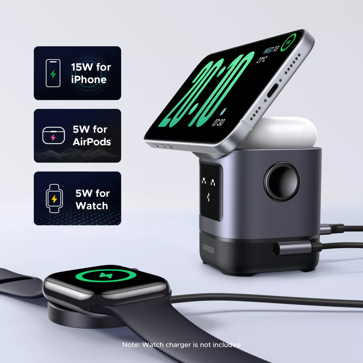 UGREEN W709 Uno 2in1 Wireless Netzladegerät, 15W, 1.67A, Schwarz