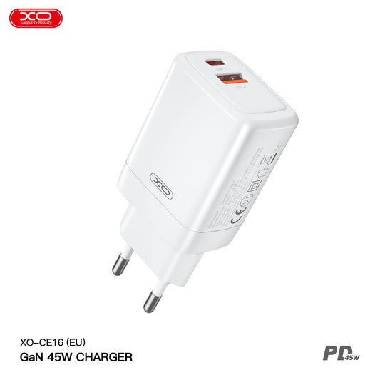 Chargeur réseau XO Design CE16, 45W, 3A, 1 x USB-A - 1 x USB-C, blanc