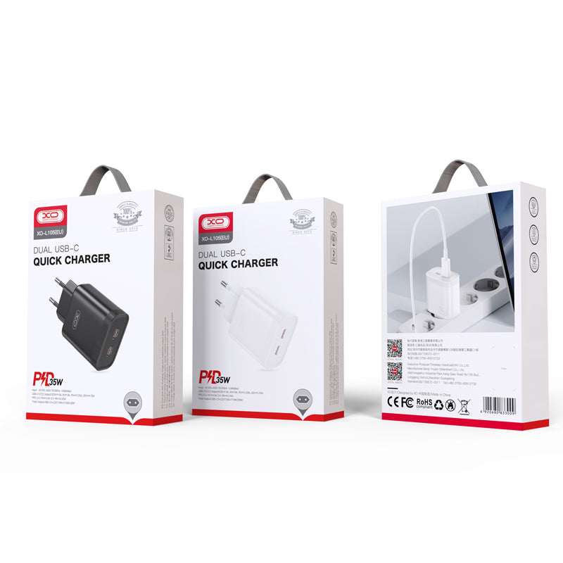 Netwerkoplader XO Design L105, 35W, 3A, 2 x USB-C, Zwart