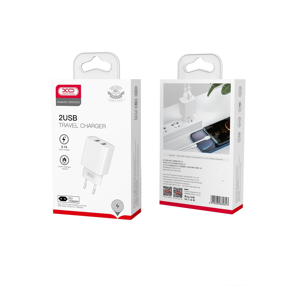 Netwerkoplader XO Design CE02C, 10.5W, 2.1A, 2 x USB-A, Wit