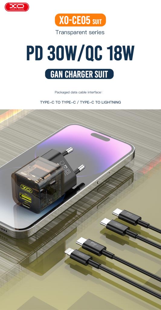 Netwerkoplader XO Design CE05, 30W, 3A, 1 x USB-A - 1 x USB-C, Bruin