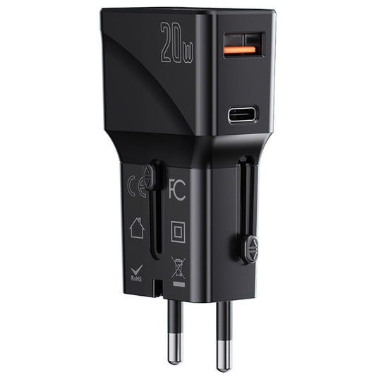 Chargeur réseau Yesido MC17 Travel, 20W, 3A, 1 x USB-A - 1 x USB-C, Noir