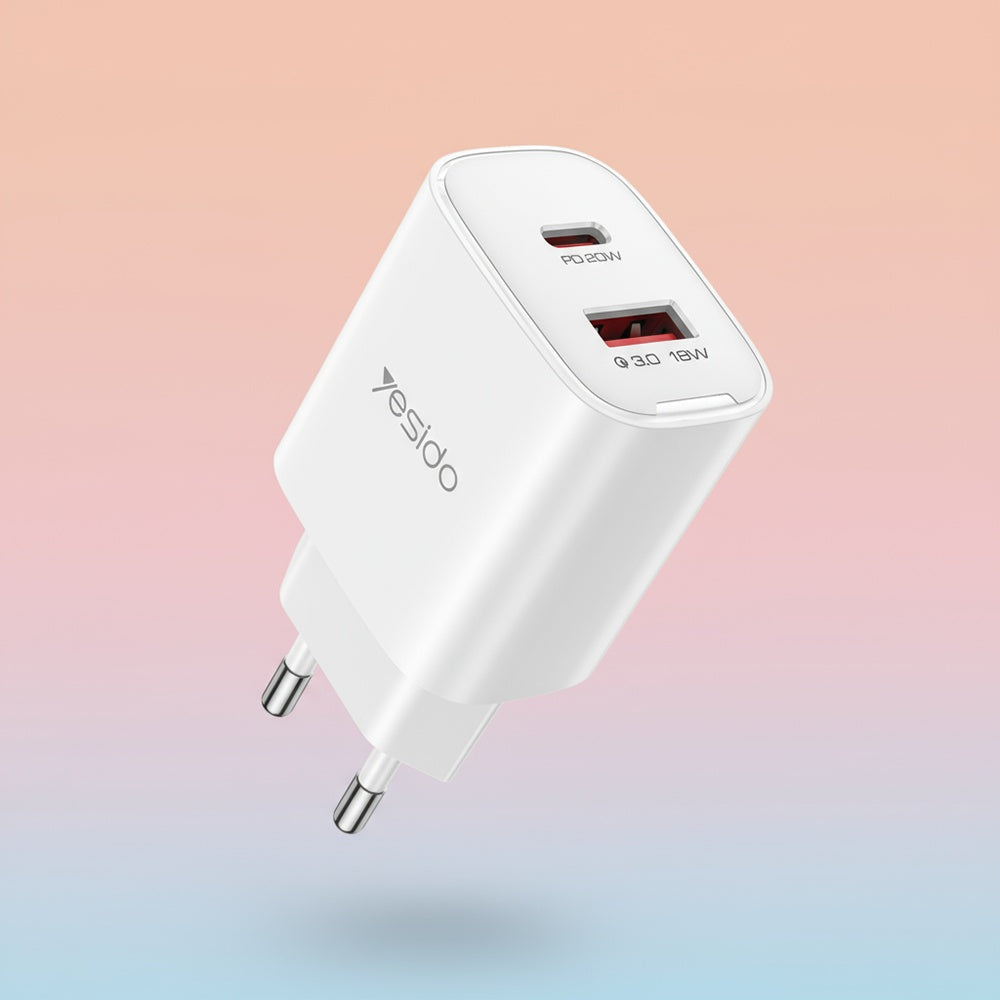 Netwerkoplader Yesido YC02E, 20W, 3A, 1 x USB-A - 1 x USB-C, Wit