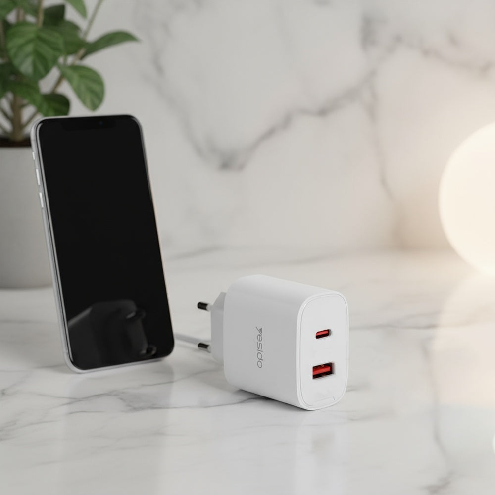 Netwerkoplader Yesido YC02E, 20W, 3A, 1 x USB-A - 1 x USB-C, Wit