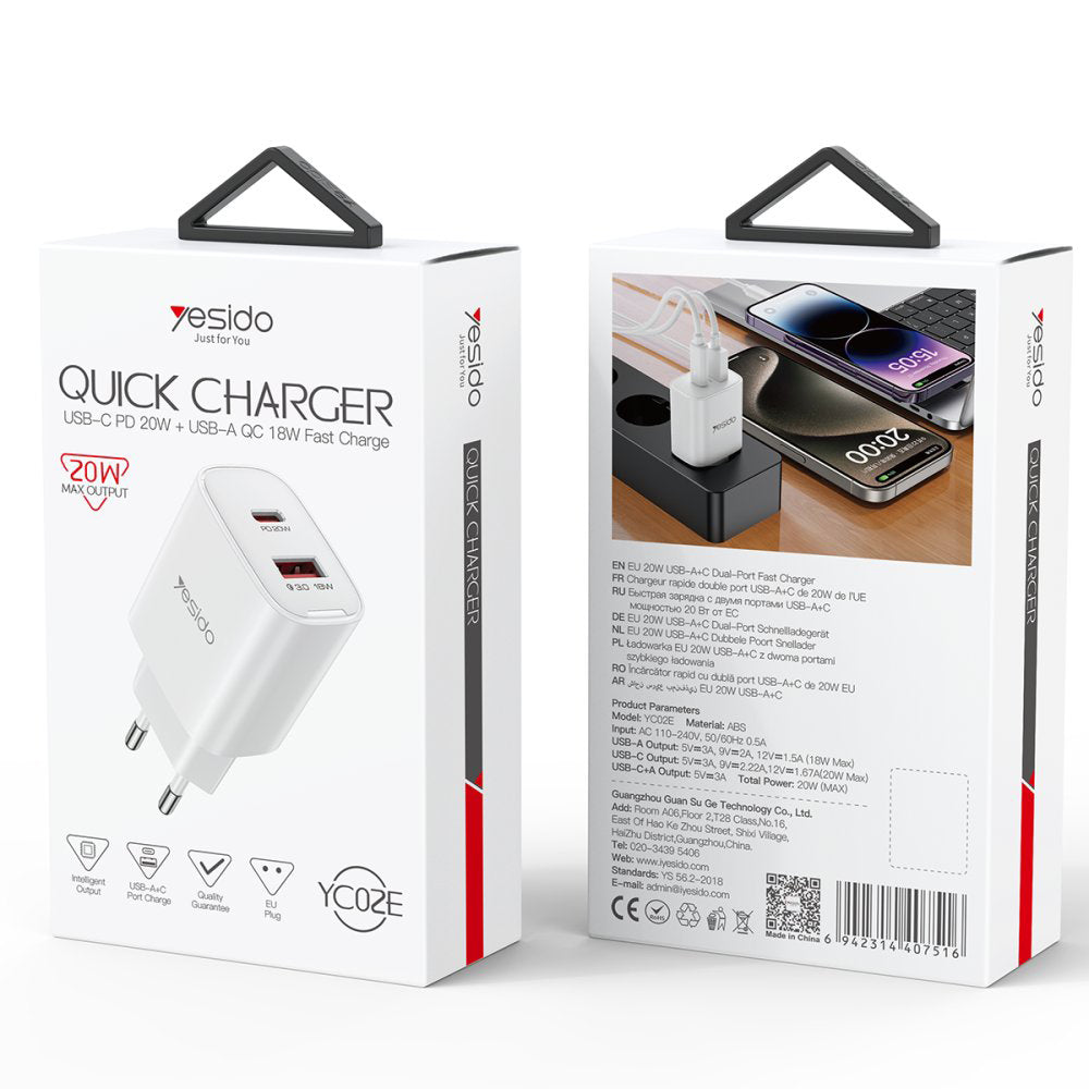 Netwerkoplader Yesido YC02E, 20W, 3A, 1 x USB-A - 1 x USB-C, Wit