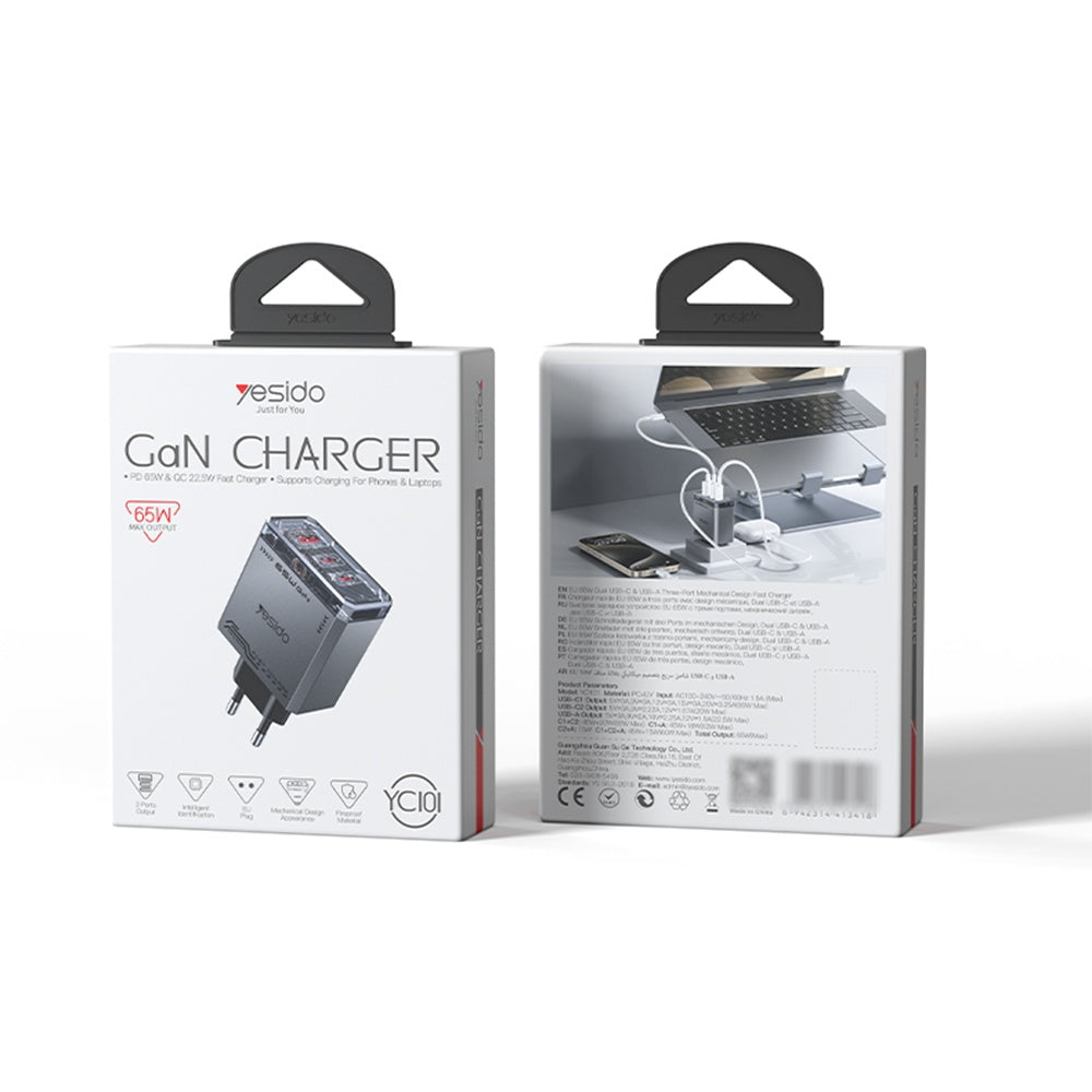 Chargeur Réseau Yesido YC101, 65W, 3.25A, 1 x USB-A - 2 x USB-C, Noir